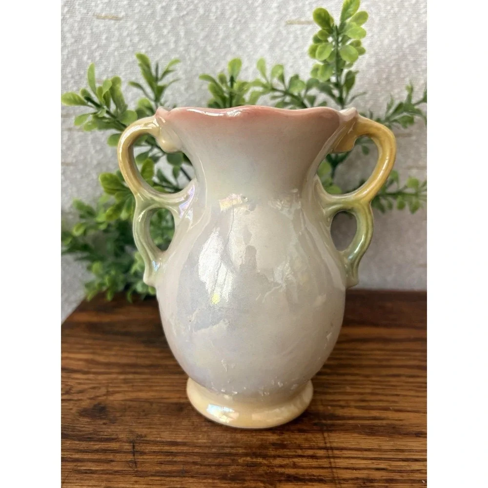 Vintage Floral Vase Made in Brazil Double Handle Art Pottery Rose Relief MCM